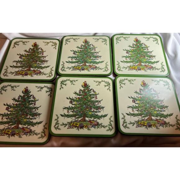 Vintage Spode Christmas Tree Coasters Pimpernel Set of 6 in box Square - Picture 2 of 5